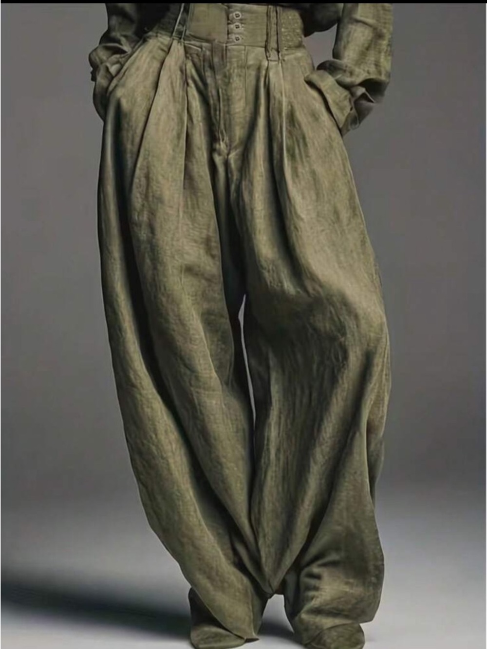 High-Waist Olive Green Wide-Leg Pants and shirt - Picture 2 of 6